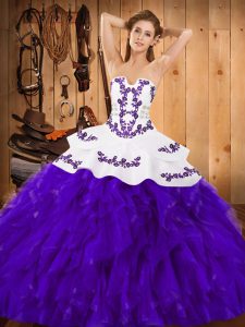  Floor Length White And Purple Quinceanera Dress Satin and Organza Sleeveless Embroidery and Ruffles