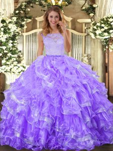 Modest Floor Length Clasp Handle Quinceanera Dress Lavender for Military Ball and Sweet 16 and Quinceanera with Lace and Ruffled Layers