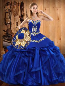 New Style Embroidery and Ruffles Ball Gown Prom Dress Royal Blue Lace Up Sleeveless Floor Length