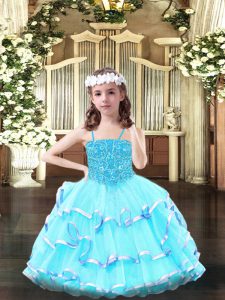 Fantastic Aqua Blue Ball Gowns Beading and Ruffled Layers Little Girl Pageant Gowns Lace Up Organza Sleeveless Floor Length