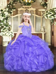  Floor Length Lavender Little Girl Pageant Dress Organza Sleeveless Beading and Ruffles