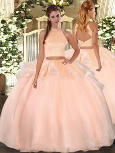  Sleeveless Organza Floor Length Backless Quinceanera Dress in Peach with Beading