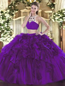  Two Pieces Quinceanera Gowns Eggplant Purple High-neck Tulle Sleeveless Floor Length Backless