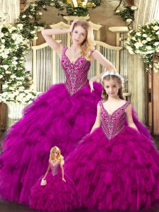 Elegant Sleeveless Floor Length Beading and Ruffles Lace Up 15 Quinceanera Dress with Fuchsia