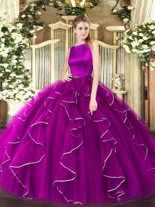 Shining Scoop Sleeveless Sweet 16 Dress Floor Length Ruffles Fuchsia Organza