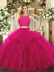 High Class Fuchsia Quince Ball Gowns Military Ball and Sweet 16 and Quinceanera with Ruffles Scoop Sleeveless Zipper