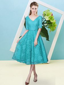  Teal Empire Bowknot Quinceanera Court of Honor Dress Lace Up Lace Half Sleeves Tea Length