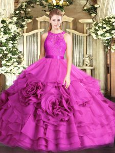 New Style Sleeveless Floor Length Lace Zipper Sweet 16 Quinceanera Dress with Fuchsia