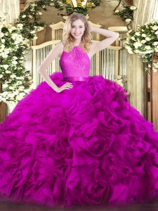 Clearance Floor Length Fuchsia Sweet 16 Dresses Fabric With Rolling Flowers Sleeveless Lace