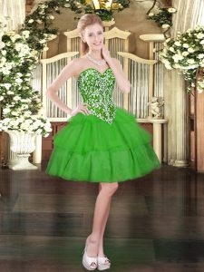 Top Selling Green Ball Gowns Organza Sweetheart Sleeveless Beading and Ruffled Layers Mini Length Lace Up Prom Gown