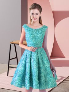 Most Popular Lace Sleeveless Knee Length Prom Gown and Belt