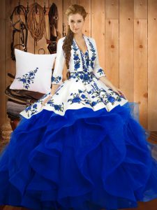  Sleeveless Satin and Organza Floor Length Lace Up Quinceanera Dresses in Blue with Embroidery