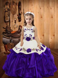  Purple Ball Gowns Straps Sleeveless Organza Floor Length Lace Up Embroidery and Ruffles Party Dresses