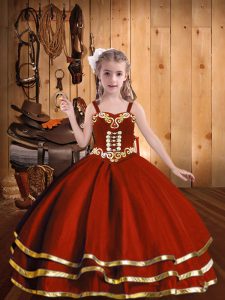 Attractive Rust Red Straps Lace Up Beading and Embroidery and Ruffled Layers Little Girl Pageant Dress Sleeveless