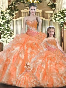 New Style Orange Red Ball Gowns Sweetheart Sleeveless Tulle Floor Length Lace Up Beading and Ruffles Quinceanera Gown