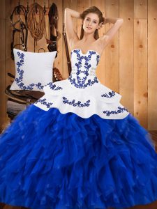 Strapless Sleeveless Vestidos de Quinceanera Floor Length Embroidery and Ruffles Blue And White Satin and Organza