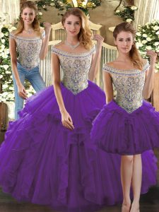 Most Popular Bateau Sleeveless Quinceanera Dress Floor Length Beading and Ruffles Purple Organza