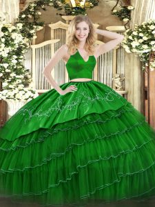  Green Two Pieces Embroidery Sweet 16 Quinceanera Dress Zipper Tulle Sleeveless Floor Length