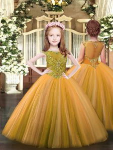 Great Orange Ball Gowns Tulle Scoop Sleeveless Beading Floor Length Zipper Little Girls Pageant Dress Wholesale