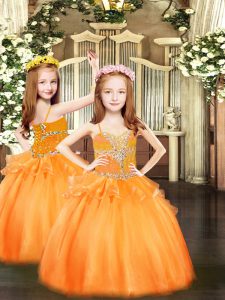 Perfect Sleeveless Organza Floor Length Lace Up Little Girls Pageant Gowns in Orange with Beading