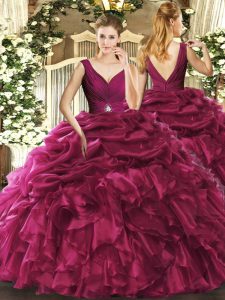 Fine Burgundy Organza Backless V-neck Sleeveless Floor Length Quinceanera Gown Beading and Ruffles