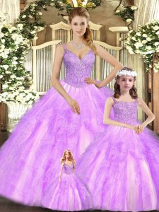 Smart Straps Sleeveless Sweet 16 Dress Floor Length Beading and Ruffles Lilac Organza