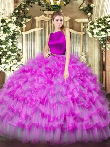 Luxury Fuchsia Ball Gowns Ruffled Layers Vestidos de Quinceanera Clasp Handle Organza Sleeveless Floor Length
