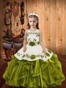 Beauteous Olive Green Ball Gowns Embroidery and Ruffles Pageant Gowns For Girls Lace Up Organza Sleeveless Floor Length