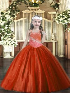  Straps Sleeveless Lace Up Pageant Gowns For Girls Rust Red Tulle
