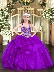 On Sale Purple Child Pageant Dress Party and Quinceanera with Beading and Ruffles Straps Sleeveless Lace Up