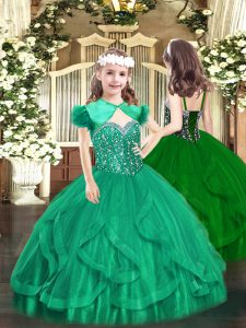 Fashion Turquoise Lace Up Little Girl Pageant Dress Beading and Ruffles Sleeveless Floor Length