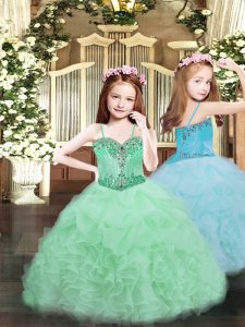  Apple Green Sleeveless Floor Length Beading and Ruffles and Pick Ups Lace Up Party Dress for Toddlers