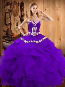 Glorious Purple Lace Up Quinceanera Dress Embroidery and Ruffles Sleeveless Floor Length