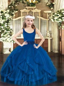 Great Royal Blue Zipper Scoop Beading and Ruffles Little Girls Pageant Gowns Tulle Sleeveless