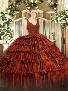  Rust Red Backless Quinceanera Gowns Beading and Lace and Ruffled Layers Sleeveless Floor Length
