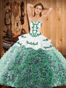 Flirting Multi-color Lace Up Strapless Embroidery Quinceanera Gown Satin and Fabric With Rolling Flowers Sleeveless Sweep Train