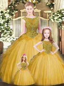  Tulle Scoop Sleeveless Lace Up Beading and Ruffles Quinceanera Dresses in Gold
