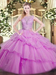  Floor Length Backless Sweet 16 Quinceanera Dress Lilac for Military Ball and Sweet 16 and Quinceanera with Lace and Ruffled Layers