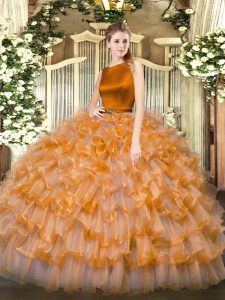Beautiful Floor Length Orange Red Quinceanera Gowns Organza Sleeveless Ruffled Layers
