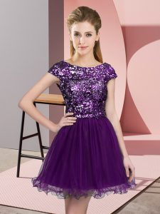  Dark Purple Cap Sleeves Tulle Zipper Dama Dress for Quinceanera for Prom and Party and Wedding Party