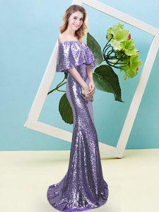 Cheap Half Sleeves Floor Length Sequins Zipper Prom Dress with Lavender