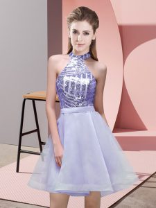 Exquisite Sequins Dama Dress for Quinceanera Lavender Backless Sleeveless Mini Length