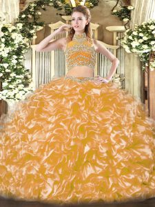  Gold Backless High-neck Beading and Ruffles Quinceanera Dresses Tulle Sleeveless