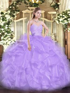 Sweet Lavender Ball Gowns Sweetheart Sleeveless Organza Floor Length Lace Up Beading and Ruffles Quince Ball Gowns