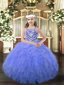  Blue Ball Gowns Straps Sleeveless Organza Floor Length Lace Up Beading and Ruffles Child Pageant Dress