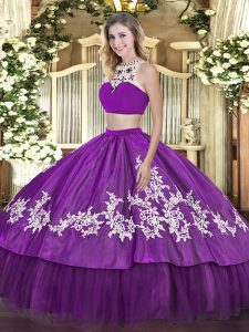 Custom Designed Purple Two Pieces High-neck Sleeveless Tulle Floor Length Backless Beading and Appliques and Ruffles Sweet 16 Dress