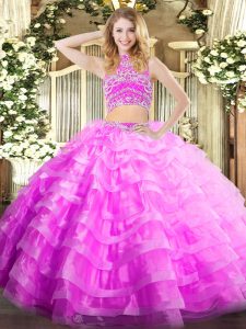 Shining Beading and Ruffled Layers 15th Birthday Dress Lilac Backless Sleeveless Floor Length