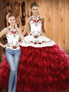  Red Sleeveless Embroidery and Ruffled Layers Floor Length Quinceanera Gowns