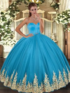  Floor Length Baby Blue 15 Quinceanera Dress Tulle Sleeveless Appliques