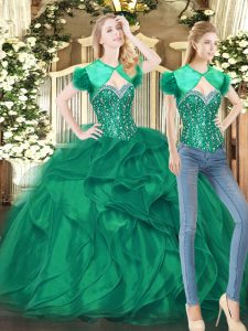 Exquisite Sleeveless Tulle Floor Length Lace Up Vestidos de Quinceanera in Dark Green with Beading and Ruffles
